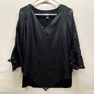 ALYX Popover Blouse Women's Small Black Grid Open 3/4 Sleeve Semi Sheer V-Neck